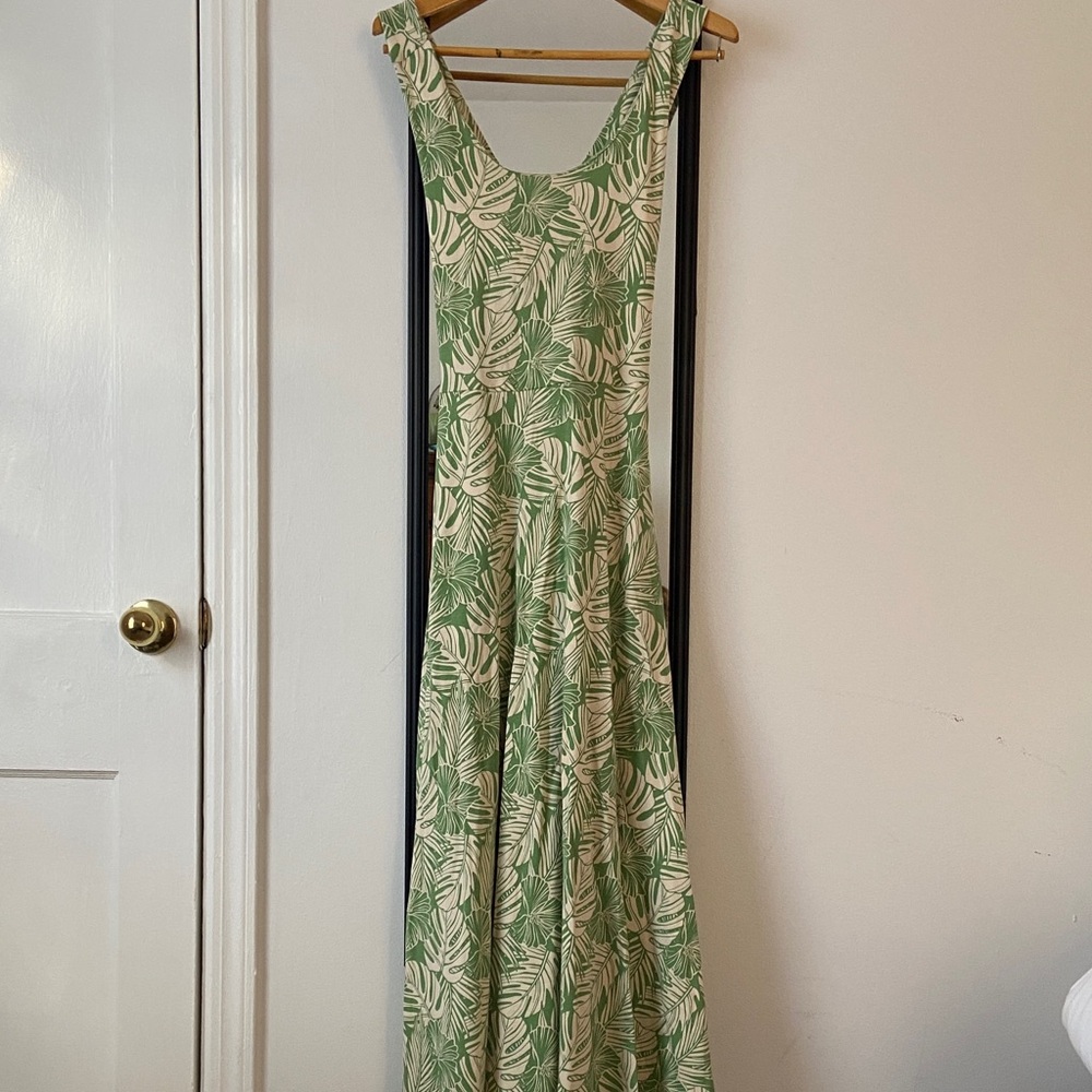 Tropical Green Leaf Print Maxi Dress